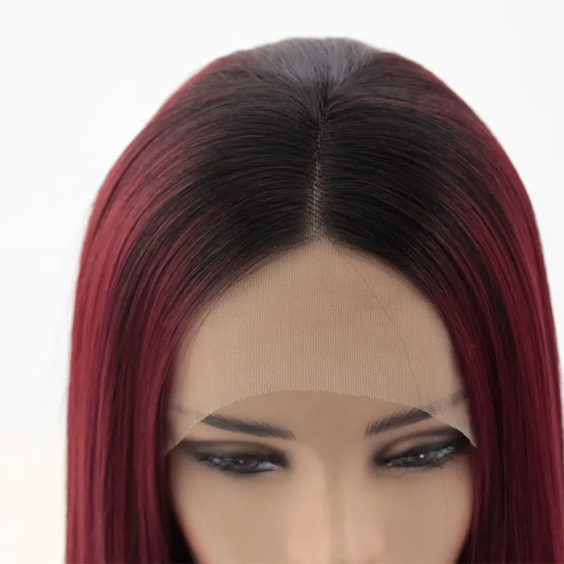 Hand Tied Ombre Dark Roots To Burgundy Long Straight Style Heat Resistant Fiber Synthetic Lace Front Wigs For Black White Women