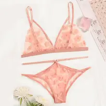 Женское эротичное нижнее белье комплект с бюстгальтером милый цветок аппликация прозрачный вырез бюстгальтер стринги комплект нижнего белья кружевное белье#2S06