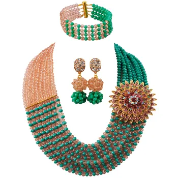 

Majalia classic fashion Nigerian wedding African jewelry set Peach and Pale green crystal necklace bridal jewelry sets 8jb-31