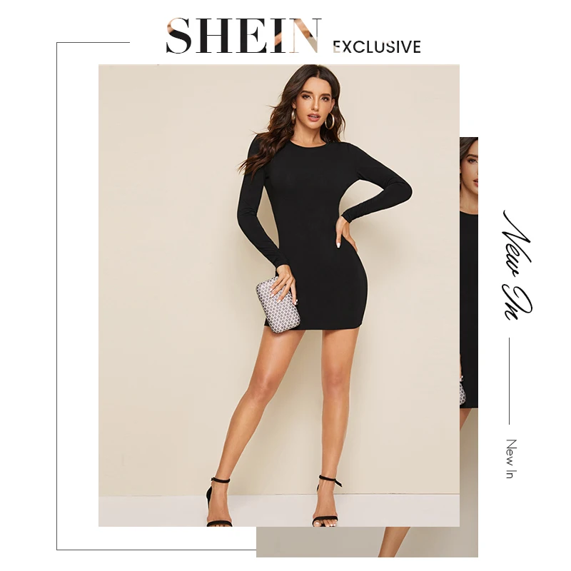 SHEIN черное однотонное сексуальное платье-карандаш с круглым вырезом и открытой спиной для женщин осенние облегающие Женские облегающие Мини платья с длинным рукавом