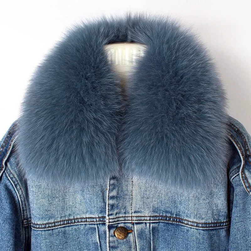 real fur coat Winter Jacket Women Coat Real fox Fur lined denim jacket Parka back letter print