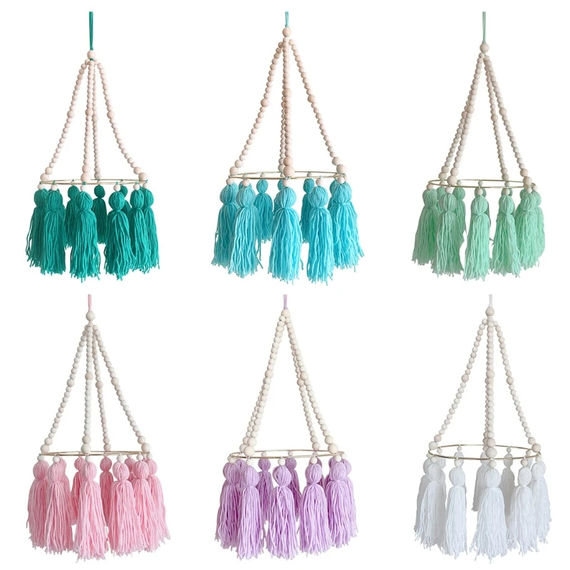 

Детская кроватка с деревянными бусинами и кисточками, подвесные колокольчики для кроватки, мобильные погремушки для детской комнаты, подвесные украшения, реквизит для фотосъемки