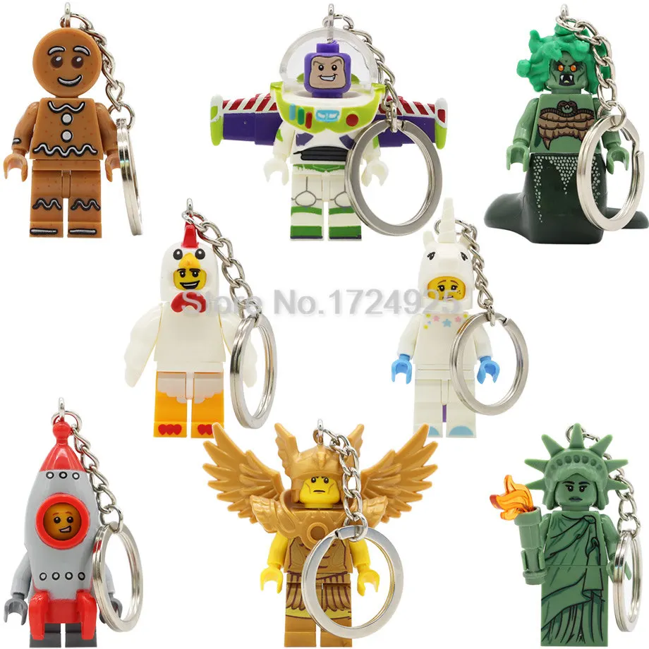 

Gingerbread Chicken Unicorn Man Keychain Statue Of Liberty Gold Saint Buzz Lightyear Medusa Rocket Boy key Building Blocks Toys
