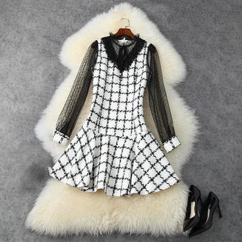 

Seifrmann Women Autumn Fashion Designer Party Midi Dress Lace Patchwork Lantern Sleeve Plaid Printed Ladies A-Line Dresses 2020