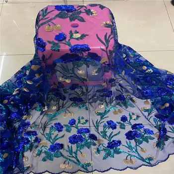 

New Blue Style French Mesh Lace Fabric 3D Sequin Flowers African Tulle Mesh Lace Fabric High Quality Engagement Bead Lace