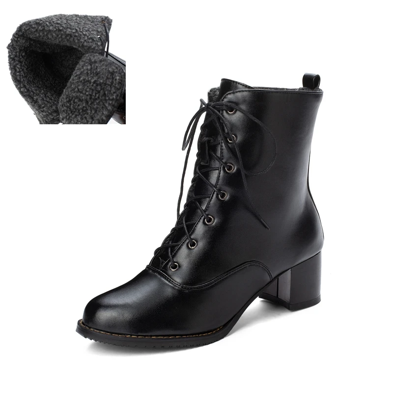 BLXQPYT/Новинка; очень большие размеры 31-52; Зимние Теплые ботильоны; женские туфли-лодочки на высоком каблуке со шнуровкой; коллекция года; свадебные зимние ботинки; женская обувь; L-3 - Цвет: black with fur