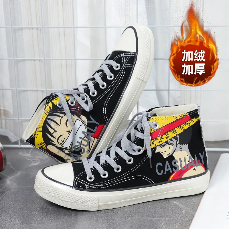 

[Cotton-padded Shoes with Velvet] One Piece Hight-top Canvas Shoes Men's Versatile Hand-Painted Anime Shoes Student COUPLE'S Tre