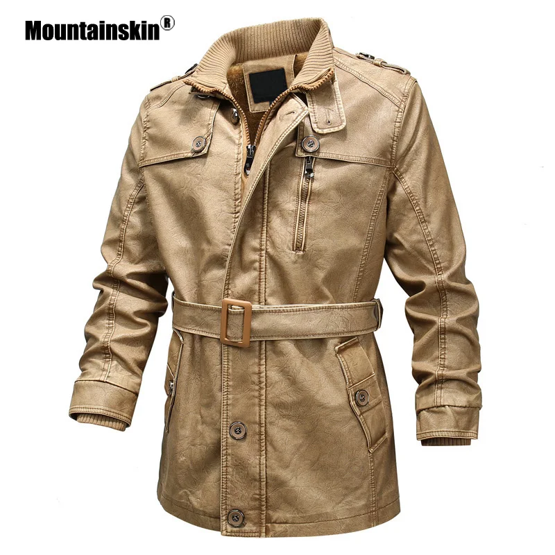 

Mountainskin Men's Winter Leather Jacket Long Style PU Motorcycle Coat Male Slim Fits Belt Jacket Brand Clothing M~4XL SA809