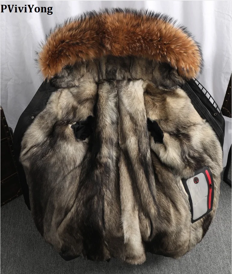 PViviYong зимняя высококачественная мужская куртка из натуральной кожи, Воротник из енота, подкладка из натурального меха норки, Мужская парка