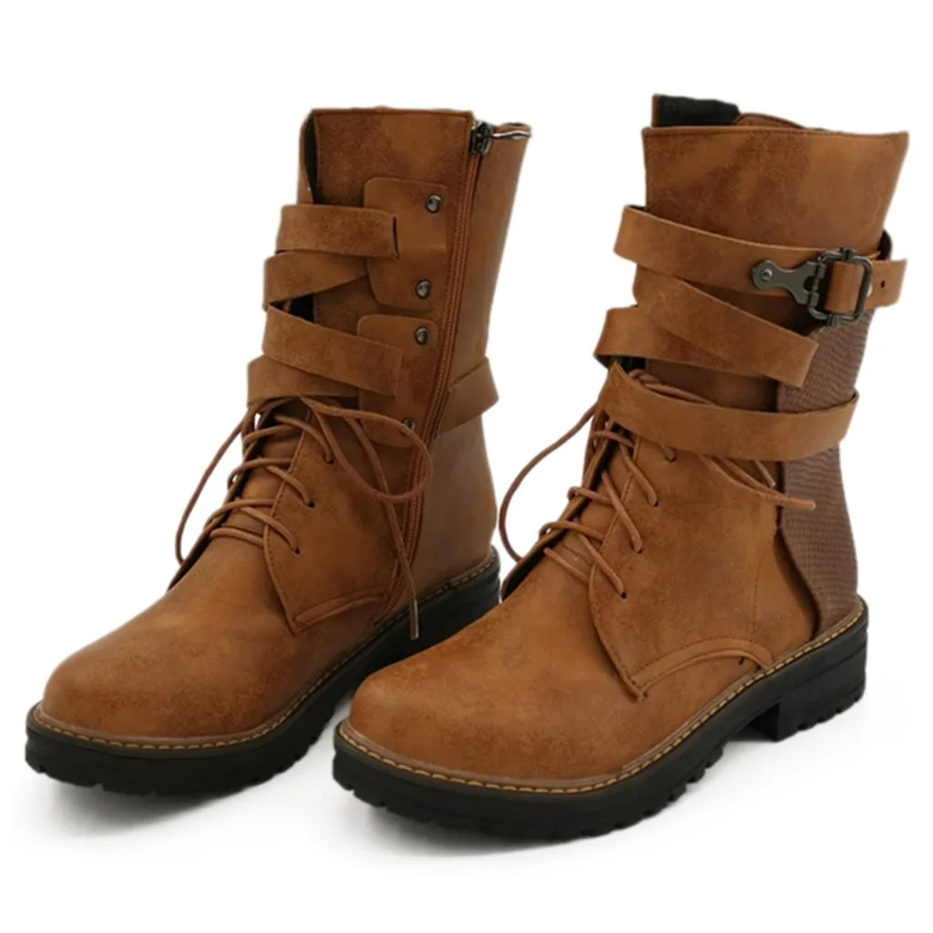 Fashion Women Warm Non-slip Boots Square Heels Buckle Strap Solid Color Mid Motorcycle Boots Round Toe Winter Keep Warm Shoes