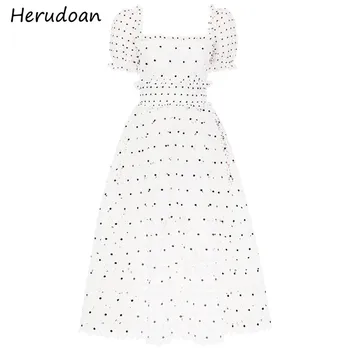 

Herudoan Bohemian Women Vacation Dress Summer Fashion Runway Elegant Polka Dot Lace Short Sleeve Hollow Out Lady Slim Midi Dress