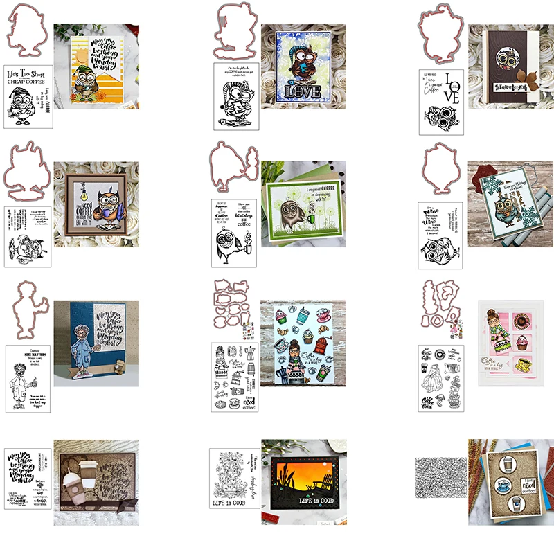 

Coffee & Tea Night Owl Bean Stacked Tea Cupcake Ice-cream Cutting Dies match Clear Stamps Sentiments DIY Scrapbooking 2021