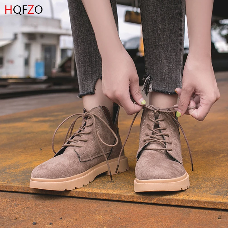 HQFZO/новые женские ботильоны на плоской платформе Осенняя обувь Martin из флока в