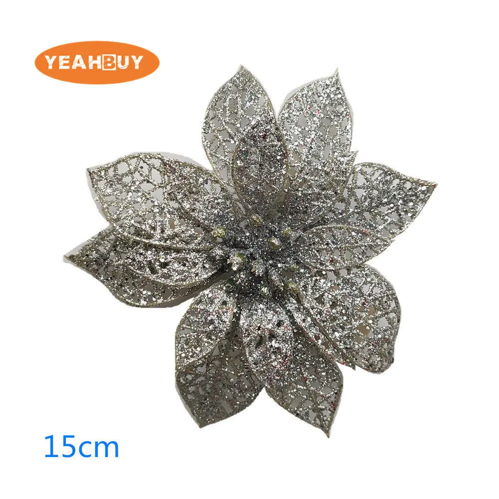 15CM silver 20 штук, на Рождество, с цветами, высокое качество Рождество цветы декоративная искусственная Пуансеттия(Рождественская звезда с цветочным принтом цвета: золотистый, серебристый елочные украшения 13/15/17 см - Цвет: 15CM silver