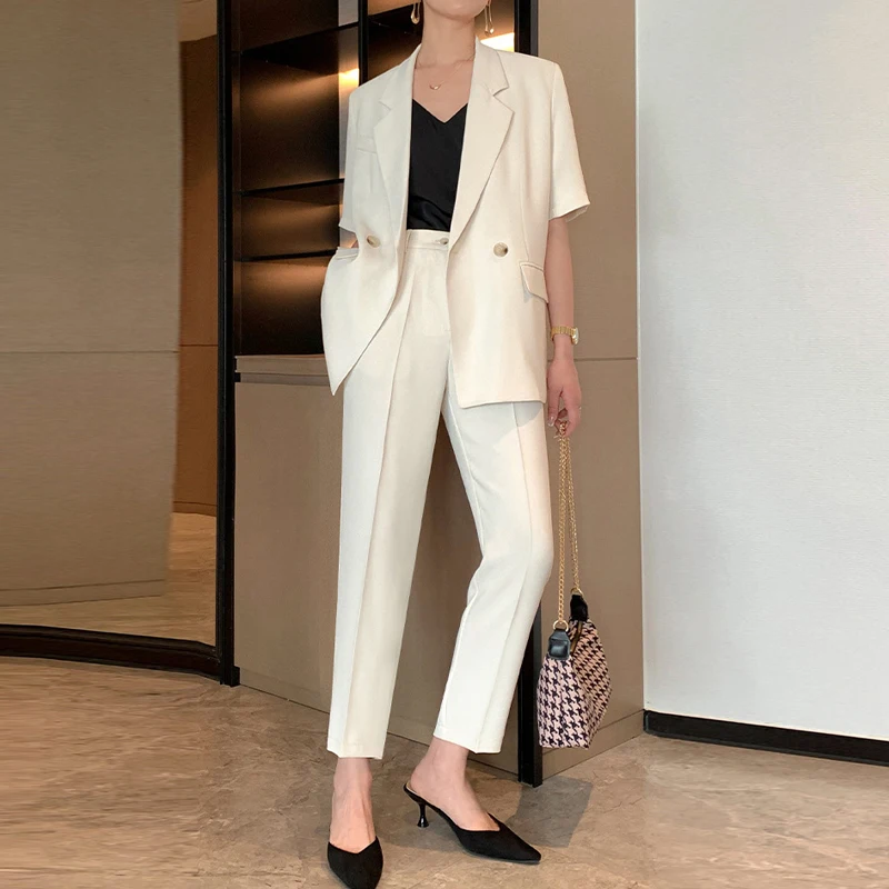 

Женский костюм из двух предметов, белый блейзер с коротким рукавом, брюки-карандаш, офисный костюм большого размера