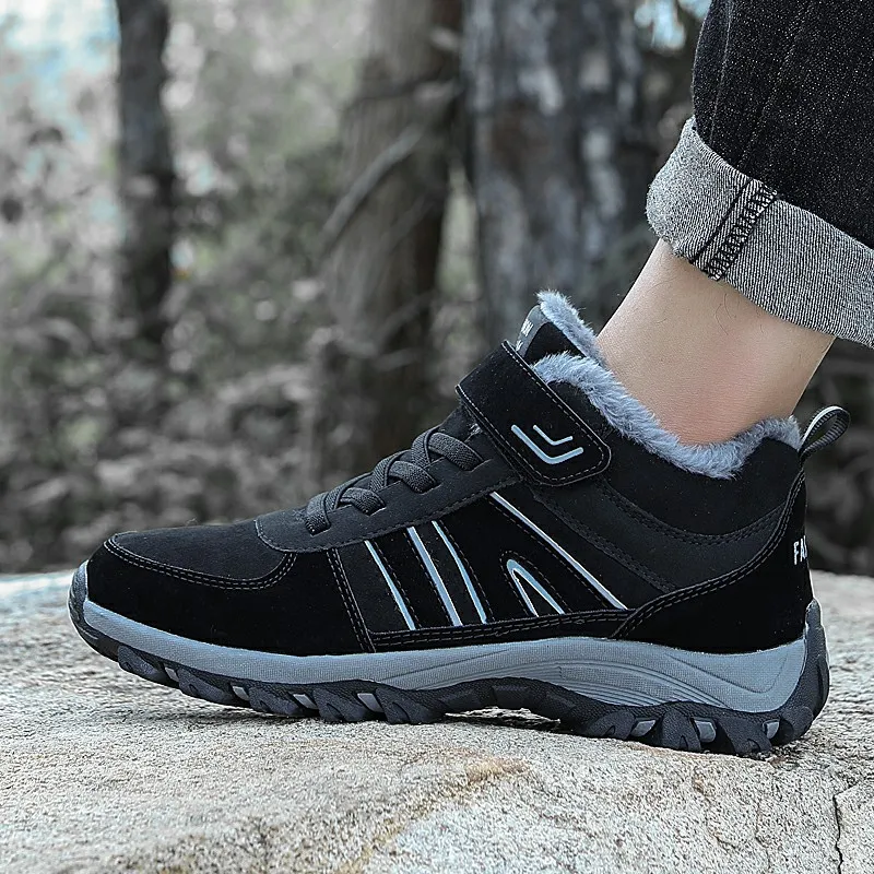 

shoes men ankle boots Winter with fur Warm winter snow boots high top Outdoor lace-up Cow suede leather shoes size 38-46 j3