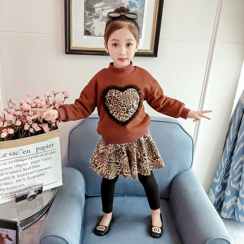 

Children's 2019 Winter Korean New Leopard Pattern Pullover Lace Up Bodysuit and Skirt Two Piece Suit Girl Fashion Suit