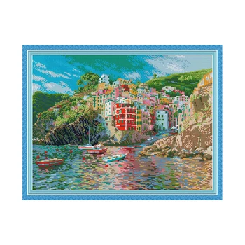 

The Seaside Town Landscape Painting Cross Stitch Fabric Counted Printed Patterns Canvas for Embroidery Kit Needlework DMC Floss