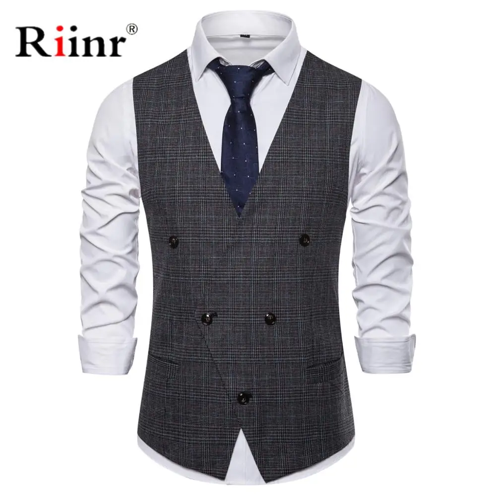 

2019 New Arrival Men Suit Vest Fashion Design Mens Slim Fit Black Gray Grid Vest Autumn Casual Men Single Breasted Waistcoat