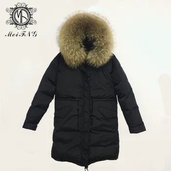 

Down Hooded Coat Womens Black Long Coat Natural Color Raccoon Fur Collar High Street S-4XL Can Be Custom