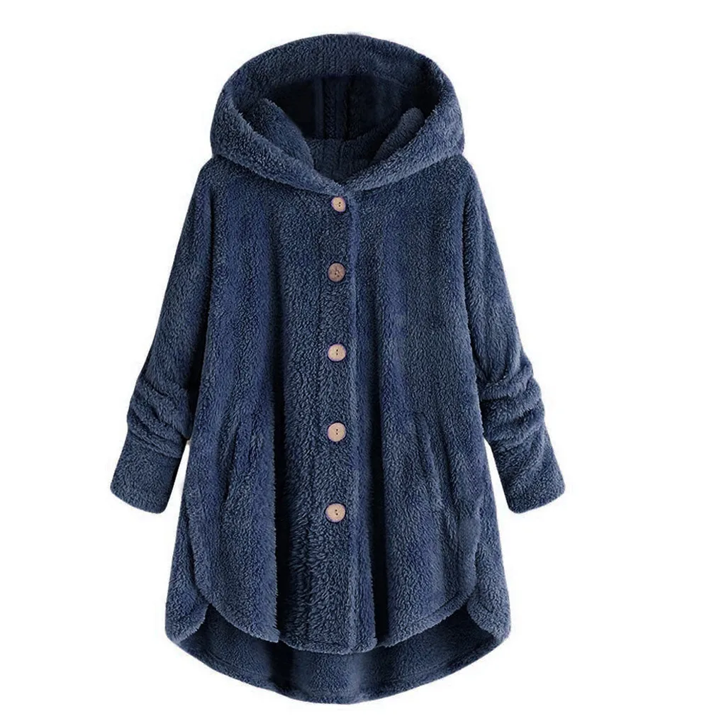 Женский плюшевый пиджак пальто оверсайз на пуговицах плюшевые топы с капюшоном шерстяное пальто зимняя куртка флисовые пальто верхняя одежда женская chaqueta mujer - Цвет: Navy