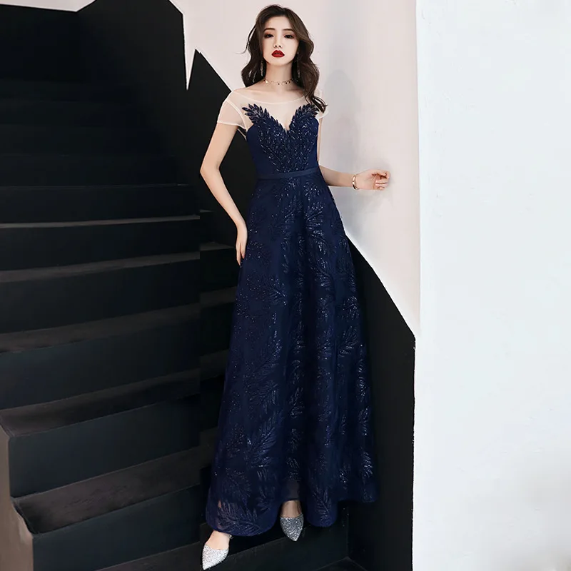 navy blue Вечернее платье бордового цвета с блестками и бисером, вечерние платья трапециевидной формы с модной аппликацией, платья для выпускного вечера с круглым вырезом, Robe De Soiree E073 - Цвет: navy blue