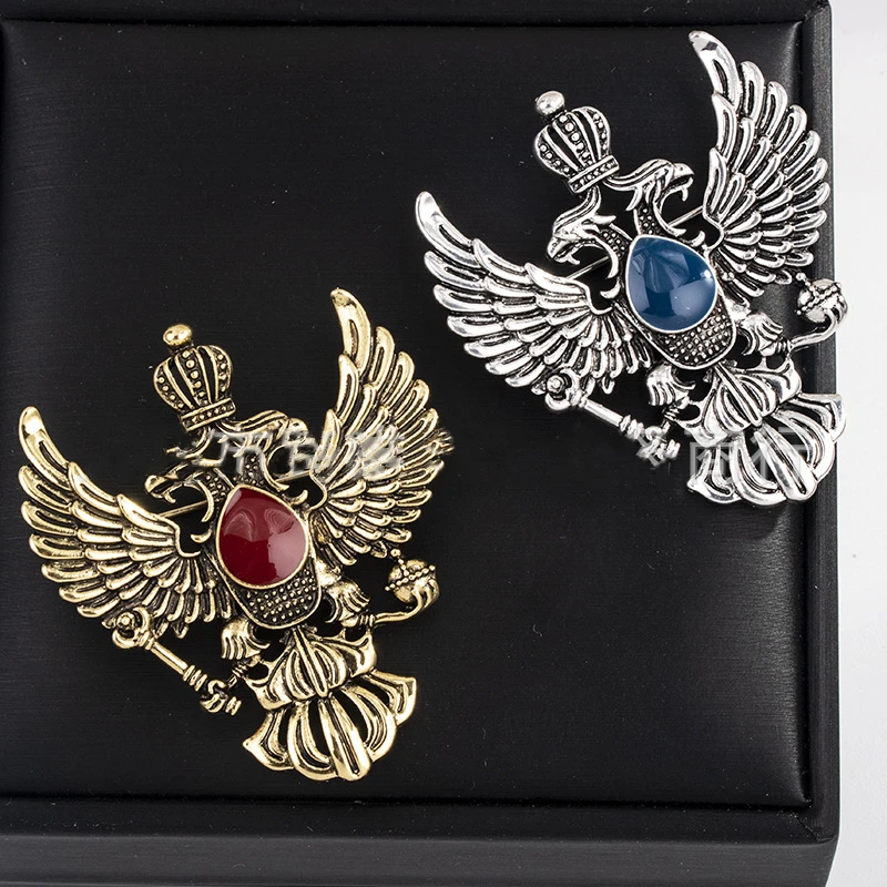 Vintage Russian National Emblem Shape Brooches Antique Gold Color Rhinestone Brooch Women Men Souvenir Gifts Lapel Pins