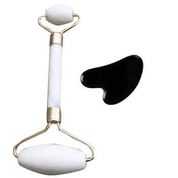 

2 Pcs Massage Tool: 1 Pcs White Double Head Facial Rolle & 1 Pcs Obsidian Scraping Face Body Scraper