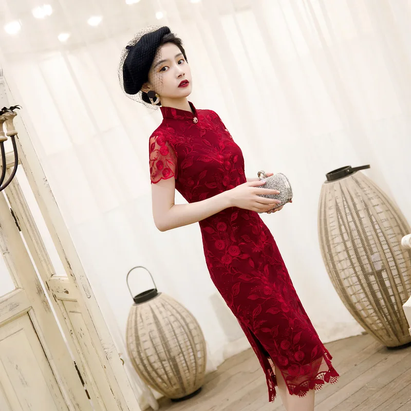 Wine red Cheongsam wedding evening party qipao lace dresses | Тематическая одежда и униформа