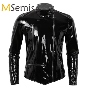 

Mens Cycling Jackets Wet Look Patent Leather Sportswear Stand Collar Long Sleeves Front Zippered Motorcycle Jacket Biker Coat