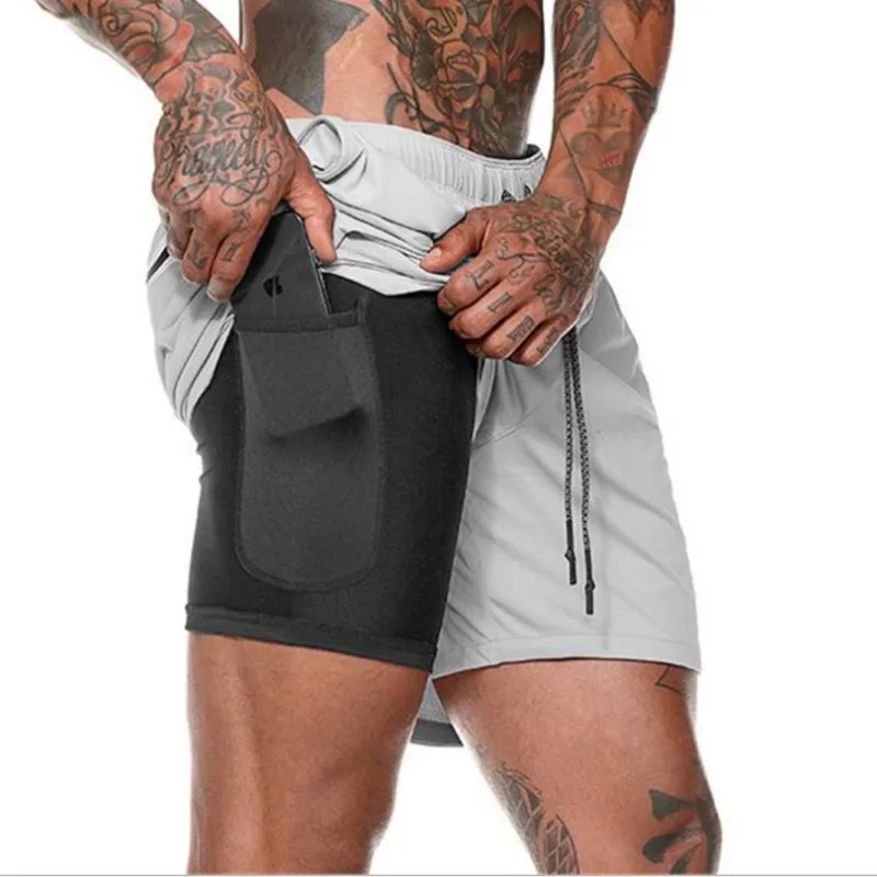 шорты мужские Летние для бега спортивные 2 в 1 фитнеса быстросохнущие Pantalon Corto Hombre