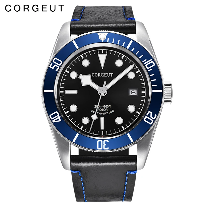 

Corgeut 41mm Automatic Watch Men Military Schwarz Bay Wristwatch Leather Waterproof Sport Swim Male Clock Men Watch