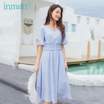 

INMAN 2020 Summer New Arrival Fresh Lace Cuff Short Sleeve Nipped Waist Double-deck Dress