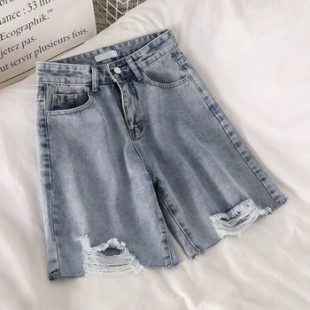 

denim women shorts 2020 summer new high waist pocket wide leg hole all match homewear female shorts top quality