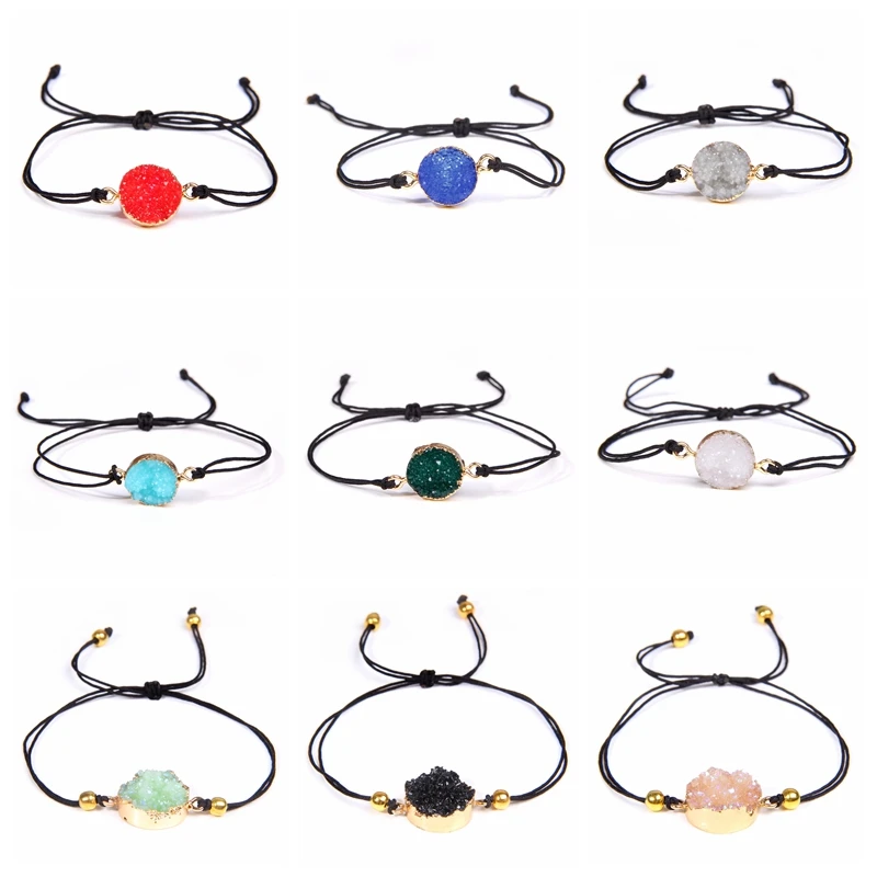 

Fashion Handmade Thread String Rainbow Druzy Agates Stone Beads Bracelet Black Rope Charm Bracelet Jewelry Women Female Gifts