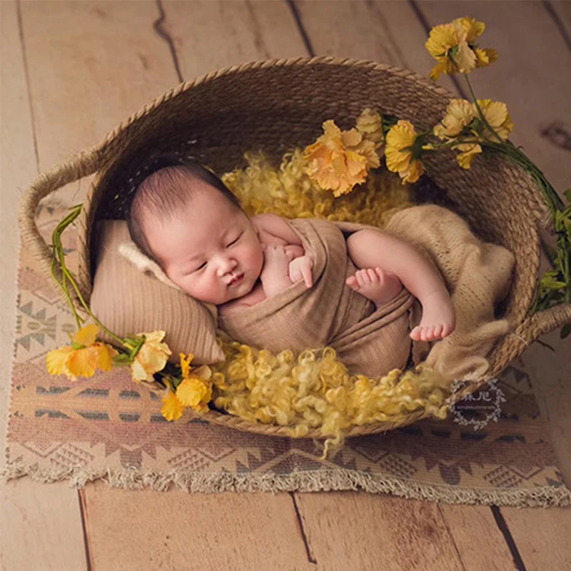 Newborn Photo Shooting Woven Basket Flora Knitting Mat Baby Full Moon