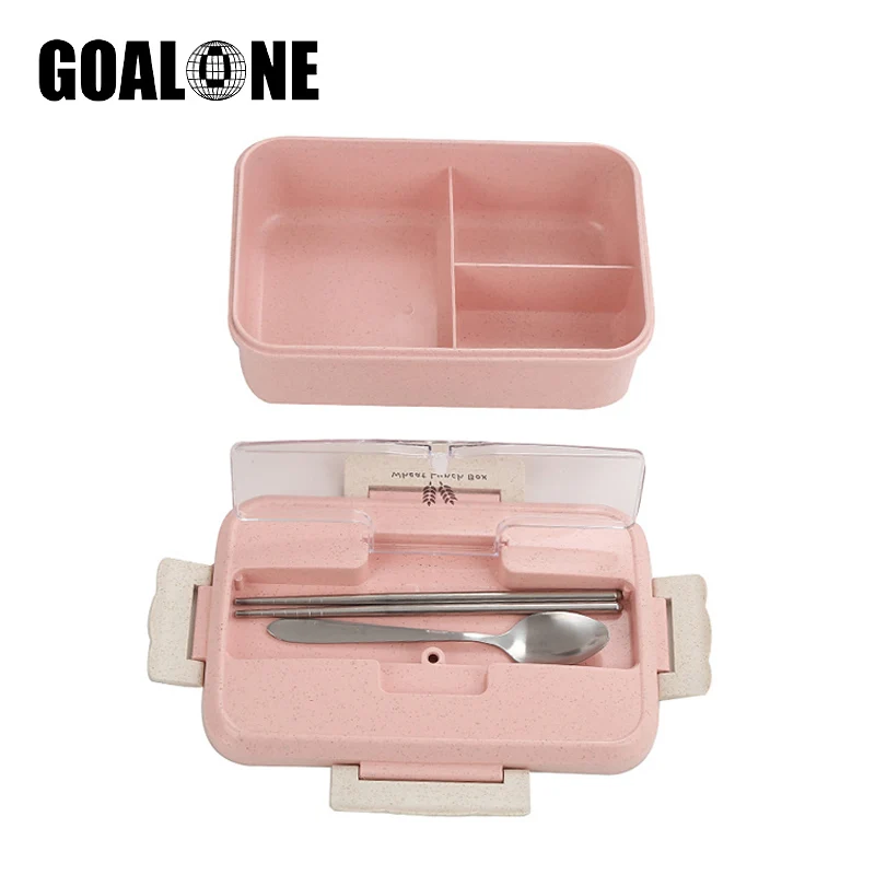 

Wheat Straw Lunch Box Microwave Safe 3 Compartment Lunch Container Leakproof Bento Box with Spoon and Chopsticks Bento Lunch Box