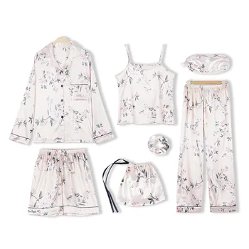 

Print Flower Women 7PCS Pajamas Set Sleepwear Summer Casual Satin Bathrobe Gown Nightwear Sexy V-neck Long Sleeve Pijamas Suit