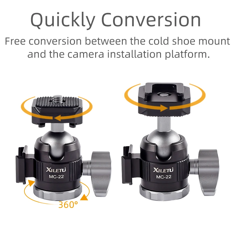 XILETU MC22 Mini Cold Shoe Ball Head Dual Use 1/4 Screw Cold Shoe Aluminum Alloy for Camera Phone Speedlite Tripod Selfie Stick cold shoe ball head