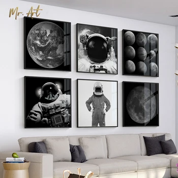 

Nordic Black White Canvas Painting Astronaut Planet Poster n Print Home Decor Modern Wall Art Picture for Living Room Bedroom