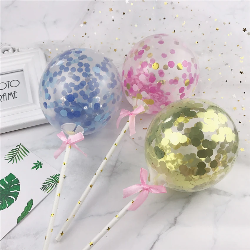 

5inch Confetti Balloon Cake Topper Decoration with Straw Ribbon Table Baby Shower One Birthday Wedding Party Balloon Topper