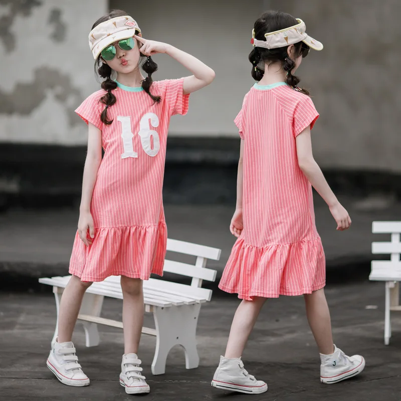 4 6 8 10 12 14 16 Yrs Summer Stripe Letter Printed Girls Dress Children Cotton Ruffle Dresses Teen Casual Sport Clothes | Детская одежда