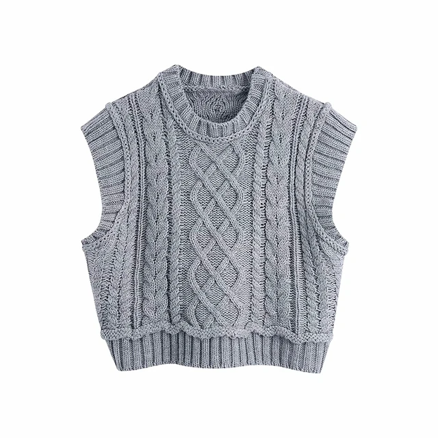 MosiMolly Pretty Pink Sweater Vest Women Cable Knit Sleeveless Knits Jumper Pullovers Sweater Cropped Sweater Tank Grey