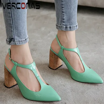 

VERCONAS 2020 T-Strap Pointed Toe High Quality Thick Heels Women Lace Up Prom Pumps Sandals Summer Brand Design Shoes Woman