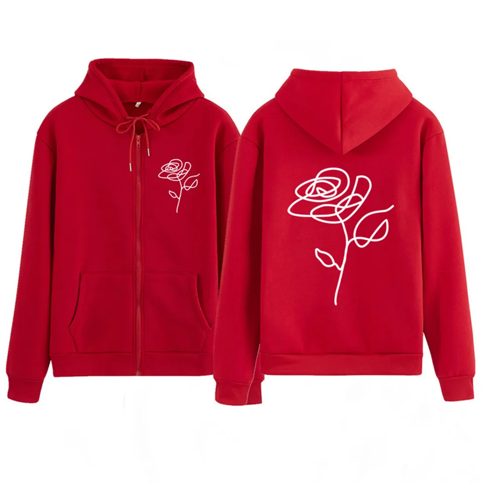 Korea Floral Plus Size Thick Soft Casual Zipper Popular Sweatshirts Women Hoodies Tracksuit Sudaderas Mujer Fashion Autumn New - Цвет: Красный