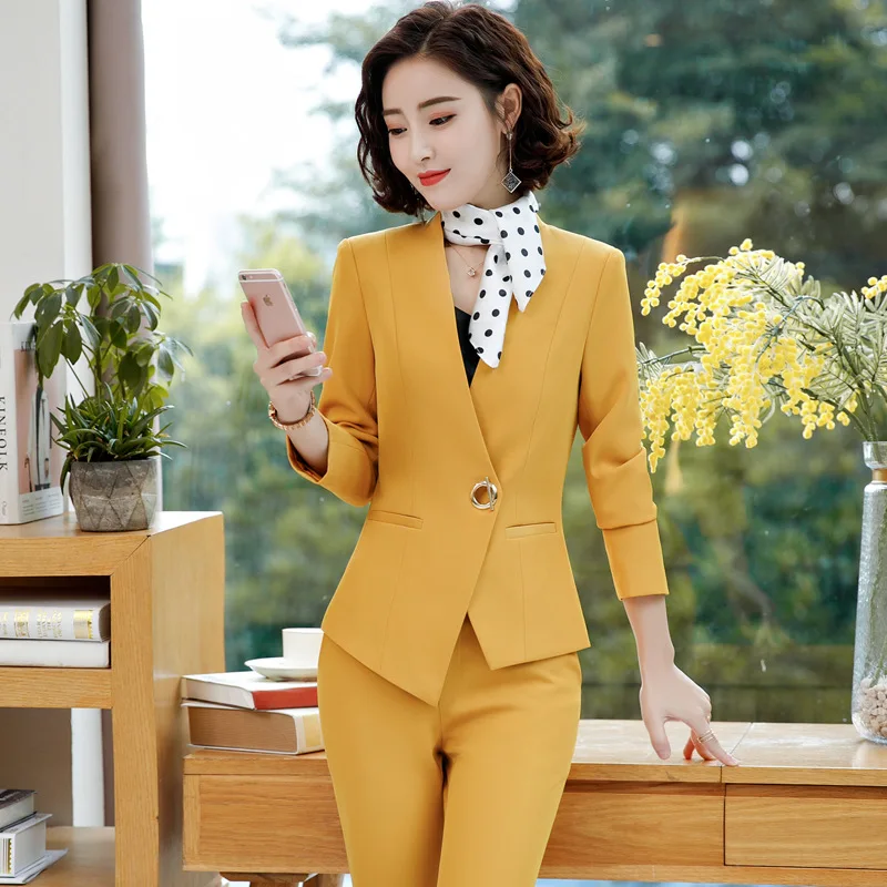 

IZICFLY New Autumn Formal Pant Suits For Women Work Wear Office Business Lady Uniform garnitur damski Yellow Blazer Women Suits