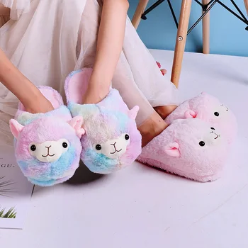 

2019 Winter Alpaca Slippers Women sheep Slipper Cotton Warm Pink Indoor slippers Lovely Cartoon rainbow animal Women Slippers
