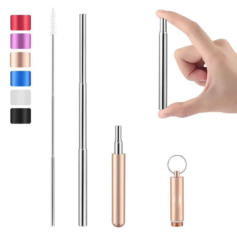 Rose Gold Многоразовые соломинки из нержавеющей стали, трехсекционная Регулируемая телескопическая прямая соломинка с чистящей щеткой для воды, кофе - Цвет: Rose Gold