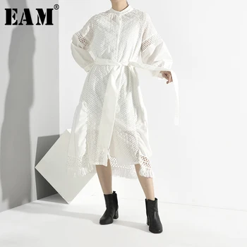 

[EAM] Women White Bandage Two Piece Big Size Dress New Stand Collar Long Sleeve Loose Fit Fashion Tide Spring Autumn 2020 S0890