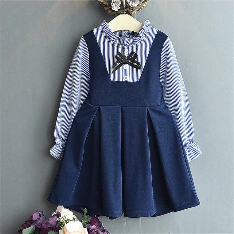 

2019 Children Girl Dresses Autumn Long Sleeve Stripe Dress Two Colors Patchwork Kids Girl Casual Clothing 2-6 Years